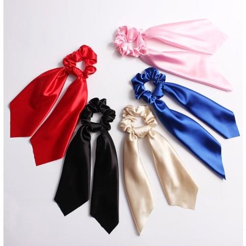 Satin Scrunchy with Ribbon Fashion Fabric Hair Ring Long Ribbon Elstic Rubber Bands Hair Roop Hair Ornament for Women Hair Tie