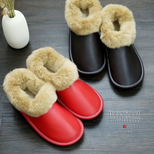 Couples Home Shoes Genuine Leather Winter Indoor Slippers Warm Anti-Slip Comfortable House Slippers for Men and Women
