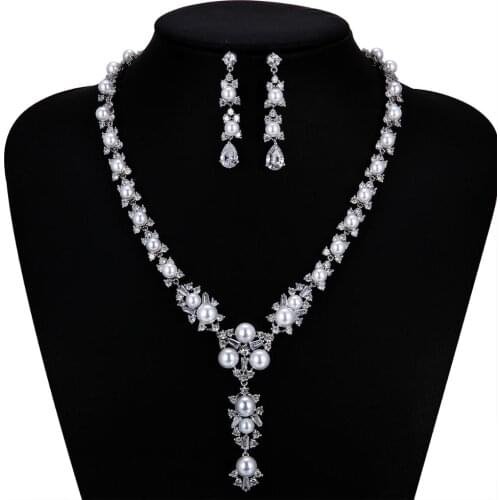 Classic CZ Cubic Zirconia Pearls Bridal Wedding Necklace Earring Set Jewelry Sets for Women Prom Jewelry Accessories CN10239