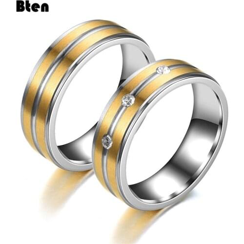 Bten Fashion Couple Ring for Women and Men Gold-color Stainless Steel Engagement Ring Wedding Jewelry