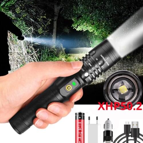 1000000LM Powerful XHP50.2 LED Flashlight USB Rechargeable Waterproof Torch Zoom Lantern Hunting Camping Lamp Use 18650 battery