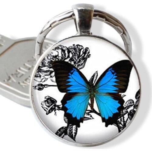 New Fashion Blue Butterfly Art Photo Glass Cabochon Pendant Keychain Key Ring Bag Car Key Chain Holder Keychains Charms Gift