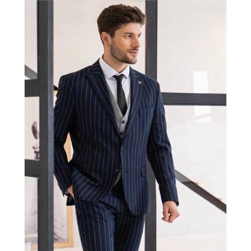 New Navy Blue Stripe Men Suits 3 Pieces Grey Vest Costum Homme Groom Wedding Terno Masculino Slim Fit Blazer Jacket+Pant+Vest