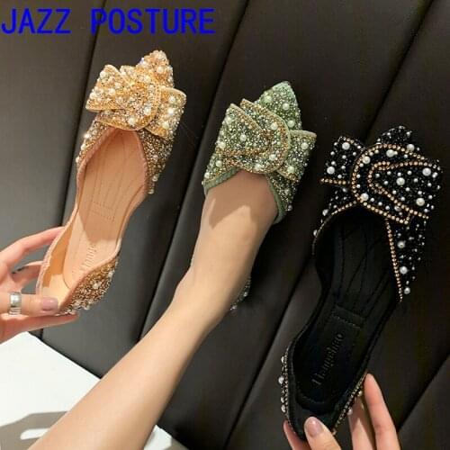 New features in 2020 Flat womens shoes, rhinestones, bows, womens casual shoes, bow and rhinestone loafers, q558