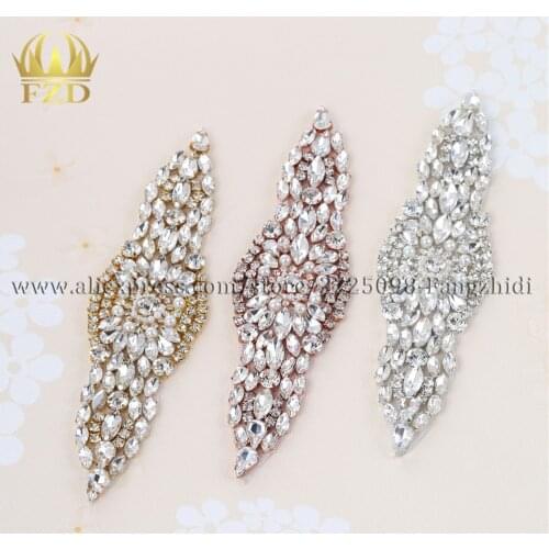 Wholesale Sliver Rhinestone Hotfix Rose gold Crystal Appliques Sew On Sash Bridal Diamante Rhinestone Applique Patch Shiny Glass