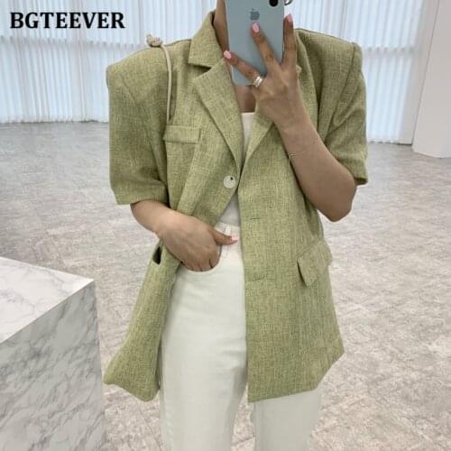 BGTEEVER Spring Summer Notched Collar Women Blazer Elegant Short Sleeve Loose Single-breasted Female Suits Jacket 2021
