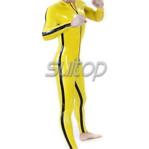 Suitop rubber zentai suit yellow color latex catsuit with body line