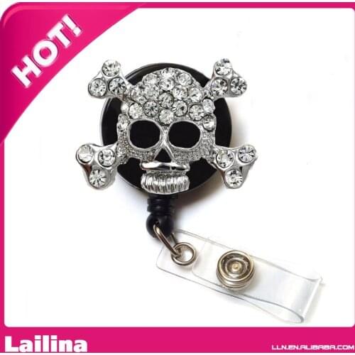 Silver Plated Clear Crystal Skull Head Rhinestone Retractable Badge Reel/ ID Badge Holder