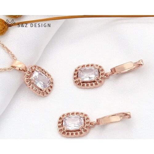 S&Z DESIGN New Cute Square Cubic Zirconia Dangle Earrings Jewelry Sets For Women Party Fashion Pendant Anti-allergy Necklace