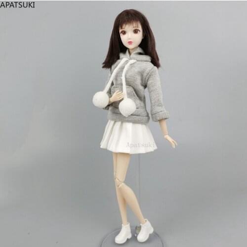 Gray Top Hoodie Sweatshirt White Pleated Skirt for Barbie Doll Clothes Set Suit Outfits for 1/6 BJD Dolls Accessories Kids Toys