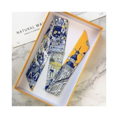 Paris Street Print Silk Scarf Brand Women Head Neck Skinny Foulard Long Handle Bag Scarves Wraps Drop Summer Palace Kerchief