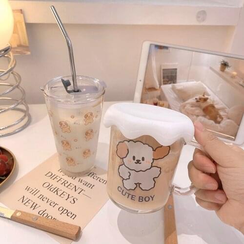 Kawaii Dog Glass Mug With Straw Creative High Temperature Resistance Clear Glass Water Cup Household Milk mugs