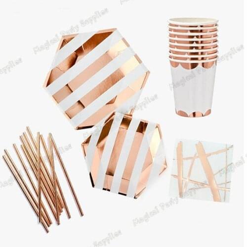 16 sets Rose Foil Party Collection Rose Stripe Paper Plates Foil Scalloped Paper Cups Paper Napkins for Wedding Birthday Decor