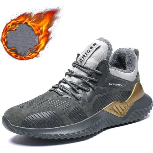 Waterproof Winter Running Shoes Men Warm Sport Shoes Outdoor Soft Fur Sneakers Non-slip PU Leather Mens Trainers Gym Shoes Grey