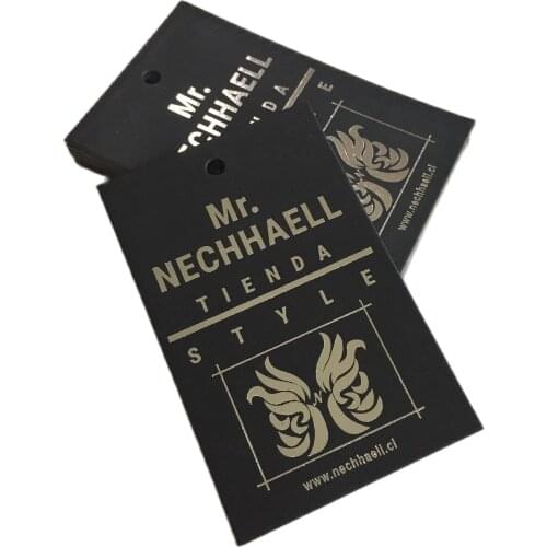 High Quality Custom Double Sides Silver Foil Stamping Logo 600gsm Black Card 5x8cm Hang Tag For Clothing