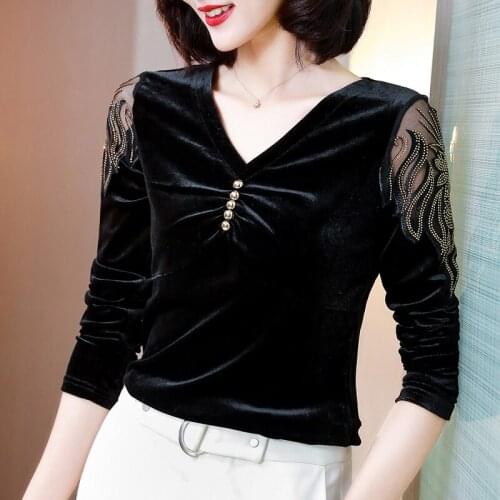 2021 korean Autumn Winter Vintage V-neck Stitching Lace Velvet Tops Long Sleeve ladies tops