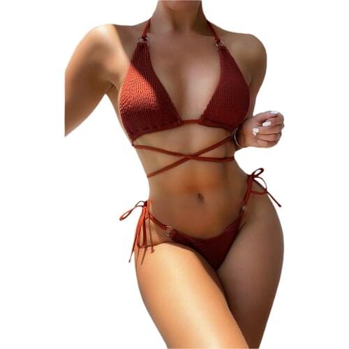 Women Two-piece Swimming Clothes Set Solid Color Halter Neck Bikini Tops and Tie Up Shorts, Black/ Brown