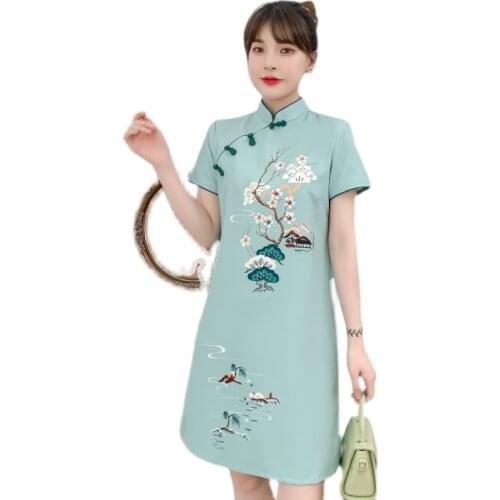 Plus Size M-4XL 2021 New Blue Loose Fashion Modern Cheongsam Dress Women Short Sleeve Qipao Traditional Chinese Style Clothes
