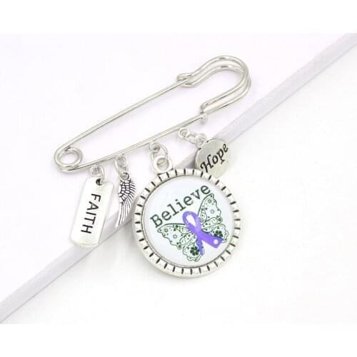 1PC Hope Believe Faith Cancer Brooch Pin Purple Ribbon Awareness Pin Brooch Safety Pins for Women Men Jewelry
