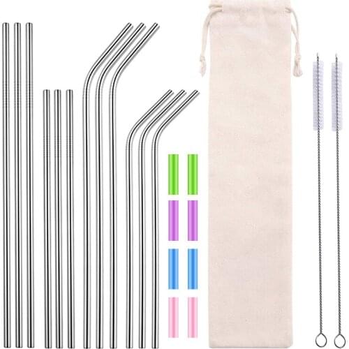 6*215mm Silver 304 Stainless Steel Metal Straws Straight Bent Drinking Straw With Brushes Smoothies Cocktails Bar Accessories