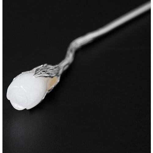 925 Sterling Silver Hair Stick Jade Magnolia Flower Hairpin Women Luxury Jewelry Ethnic Chinese Hair Pins