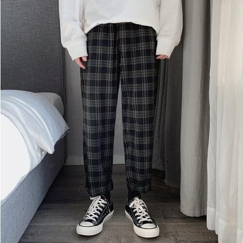 Hip Hop 2020 New Fashion Man Loose Striped Length Trousers Korean Men Plaid Casual Pants Oversized Streetwear Joggers