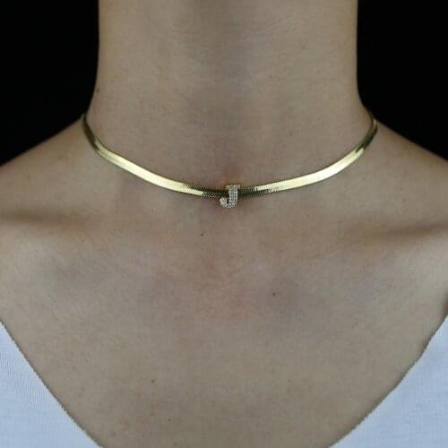 Punk Initial Alphabet Letters Name Pendant Choker Necklaces For Women Flat Snake Chain Cubic Zircon Necklace Femme Party Jewelry