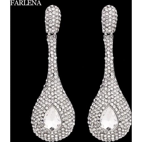 FARLENA Jewelry Silver Plated Full Crystal Rhinestones Water Drop Earrings for Women Wedding Fashion Bridal Earrings long