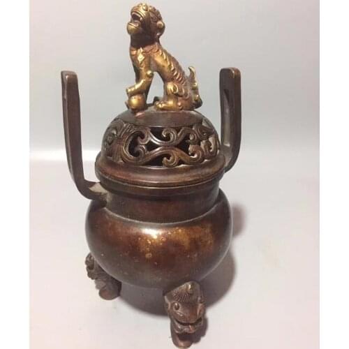 Chinese Pure Copper Carving Lion Hollow Out Censer Animal Statue Incense Burner Fengshui Safe Home Decoration