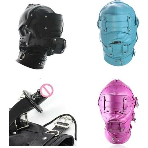 Leather Head Harness Dildo Gag Hood Mask Bondage BDSM Cosplay Blindfold&Penis Gags Sexy Costumes Exotic Sex Toy For Couples