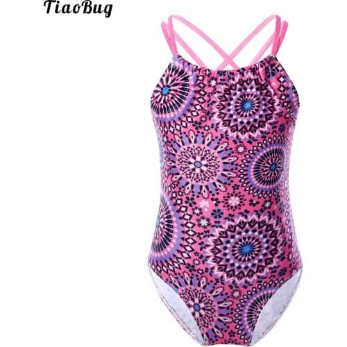 TiaoBug Summer Kid Girls 1Pcs Bodysuit Swimwear Spaghetti Shoulder Straps Criss Cross At Rear Geometric Pattern Bohemian Leotard