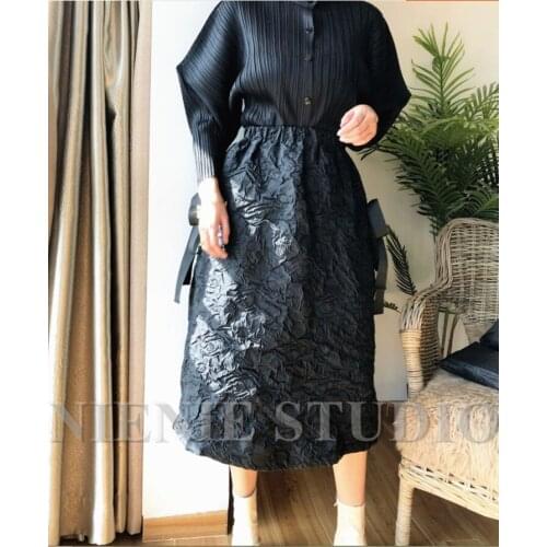 HOT SELLING Miyake Fashion fold pure color pleated skirt Artistic pleated bow embossed rose skirtIN STOCK