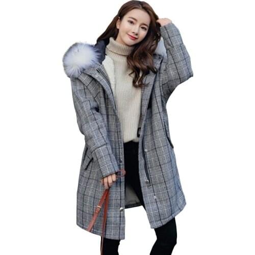 Fashion long section thick plaid cotton jacket winter jacket Coat women hooded big fur collar students Padded Femlae Parka ls142
