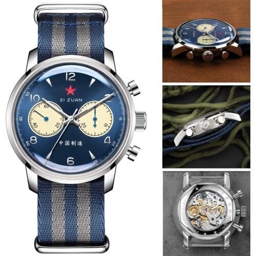 Mens Military Chronograph 42mm Fashion Sports Mechanical Manual Winding Swan-neck 1963 Pilots Wrist Watches Sapphire Hardlex 3D