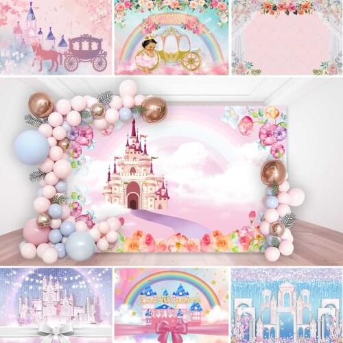 Seekpro Spring Castle Princess Baby Shower Birthday Backdrop Background Girls Flowers Party Carriage Palace Forest Cherry Pink