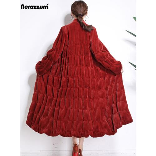 Nerazzurri Runway Long Fluffy Faux Fur Coats Women 2021 Winter Black Red Pleated Plus Size Sheared Mink Fur Overcoat 5xl 6xl 7xl