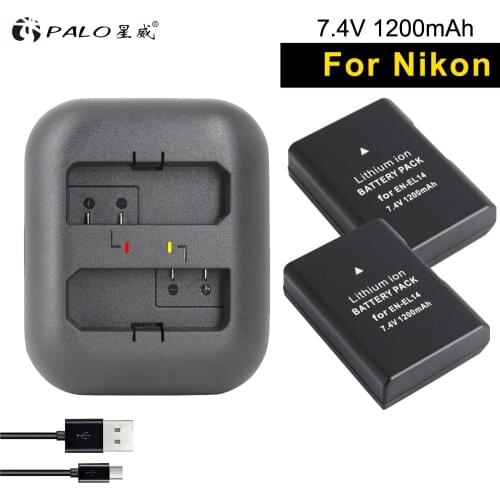 PALO 2pcs camera battery EN-EL14 7.4v digital bateria en el14 + USB dual slot charger For Nikon DF d3400 d5300 d3100 d3200 d5600