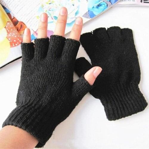 Hot women Men Black Knitted Gloves Stretch Elastic Warm Half Finger Winter Fingerless Gloves