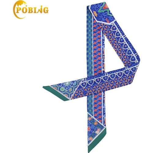 POBING 2018 Geometric Floral Print Silk Scarf Women Luxury Brand Scarf Bag Ribbons Twill Head Scarf Small Long Scarves 100*5CM