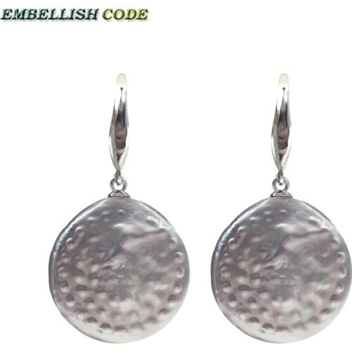22mm big size baroque stely coin button flat round shape gray grey hook dangle earring natural pearl 925 silver hyperbole
