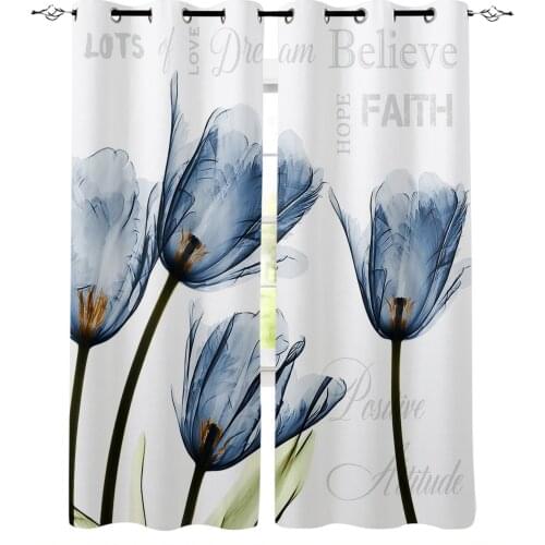 Blue Tulip Flowers White Window Curtains for Living Room Bedroom Kitchen Modern Curtains Home Decoration Drapes Blinds