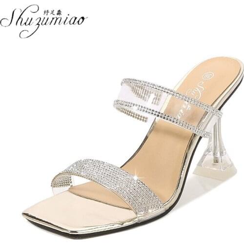 SHUZUMIAO Summer New Clear Perspex Heel Woman Slippers 2021 Fashion PVC Transparent Diamond Crystal Sandals Ladies Party Shoes