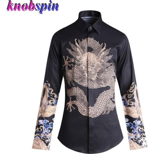 China Dragon Printed Shirt men 2020 New Arrival Long sleeve Slim Chemise homme Plus size M-4XL Black men Shirts Casual Camisas