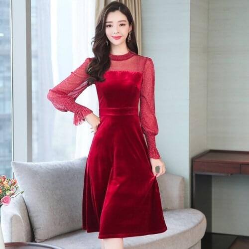 Vintage velvet dress women elegant long-sleeved shiny stitching velvet party dress ladies casual knee-length midi dress female
