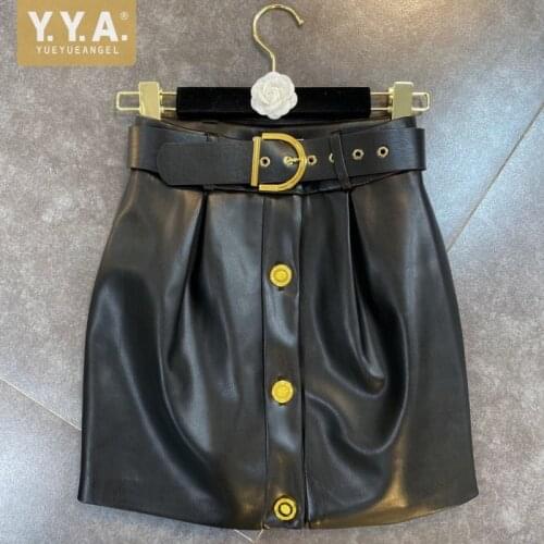 2021 Spring Summer Women New Fashion Wide Belt Waist Closing Gold Button Decoration Straight Casual Pu Mini Skirt Sexy Skirts