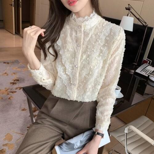 Fashion Lace Tassel Women Blouse Spring Summer Stand Collar Sweet Buttons Sexy Hollow Out Chic Chiffon Shirt Patchwork Top
