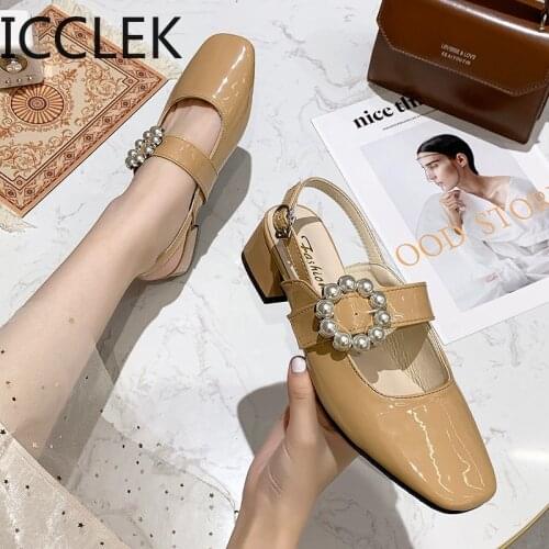Women Elegant Pearl Buckle Square Heel Sandals Vintage Square Toe Leather Sandalias Woman Fashion Mary Jane Shoes Ladies A035