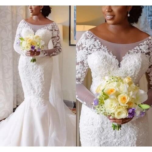 Plus Size Mermaid Wedding Dresses Sheer Jewel Long Sleeves Bride Gowns Sexy African Nigerian Lace Applique vestido de novia