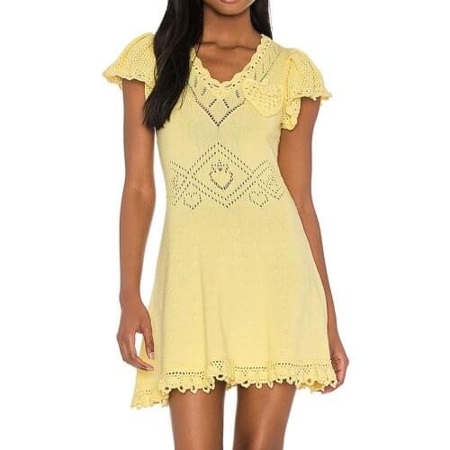 Jastie Fashion Womens Knitted Dress Yellow Hollow Out V-Neck Ruffle Sleeve Mini Dresses Summer Boho Beach Thin Vestidos 2021