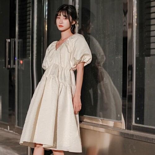 Women Fashion 3D White Black Jacquard Puffy Dress French Retro Puff Sleeve V Neck Ball Gown Doll Dress Waisted Slim Party Dress